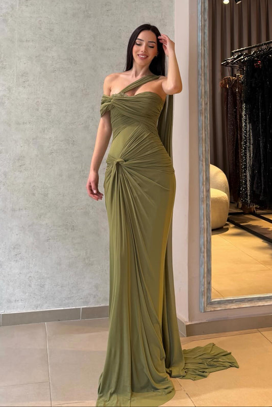 Asymmetrical Ruched Evening Gown with Cape
