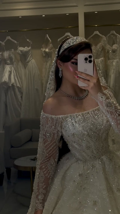 Off-the-Shoulder Beaded Long-Sleeve Ball Gown