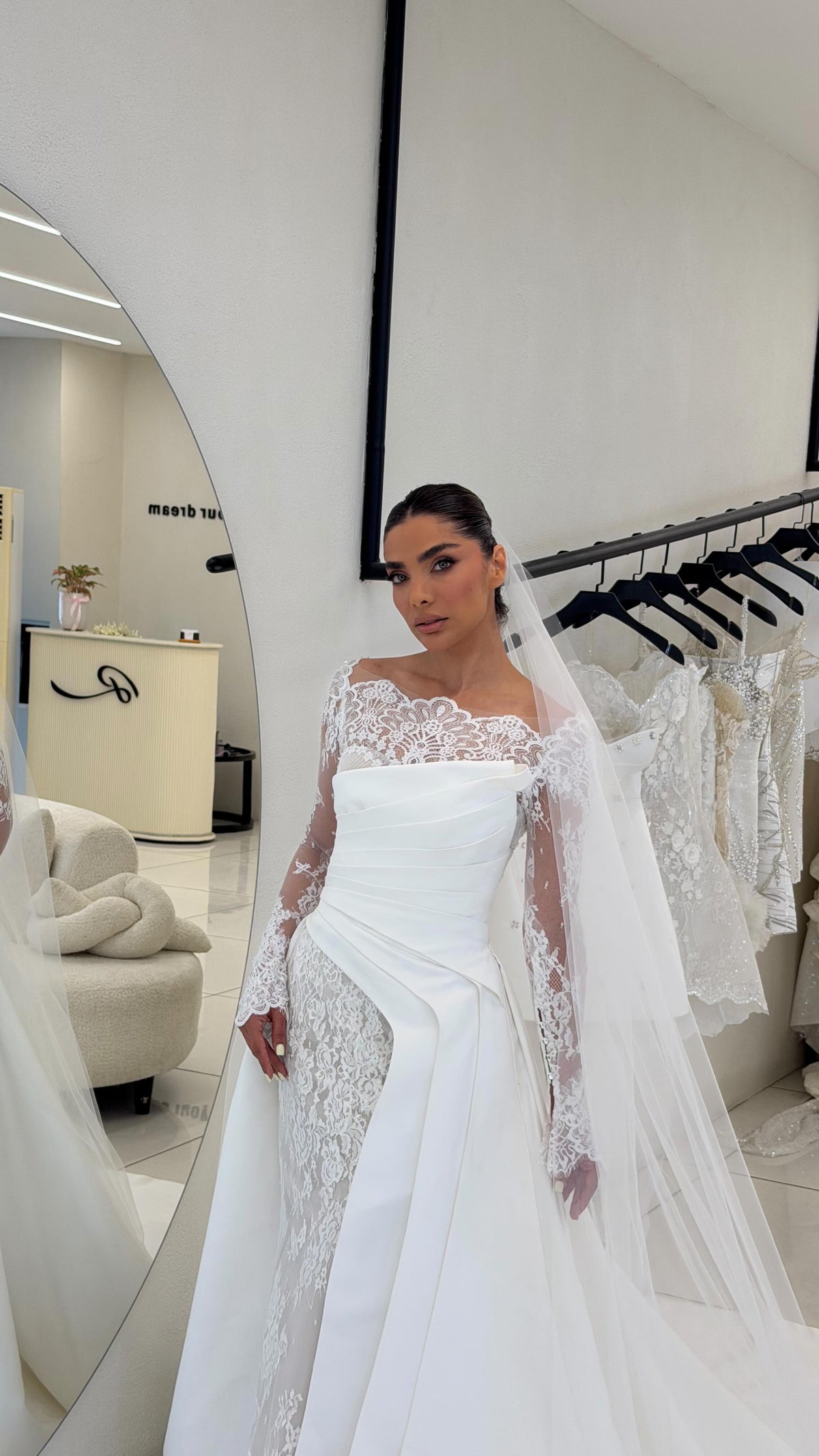 Lace Long Sleeve Wedding Dress with Satin Overskirt