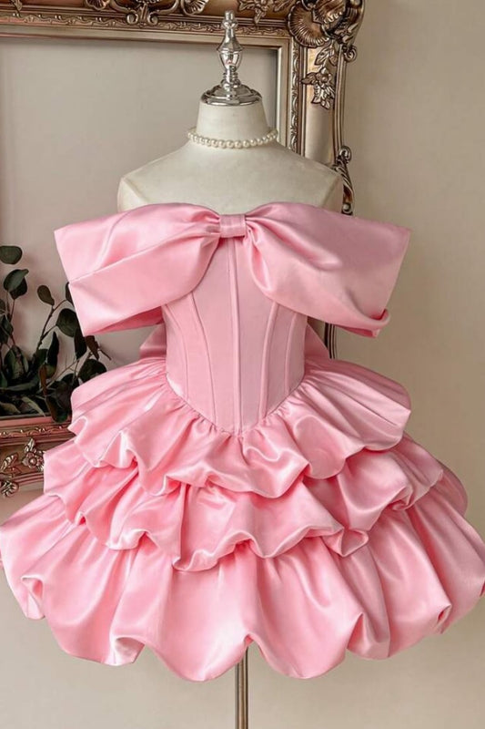 Off-Shoulder Satin Mini Ball Gown with Bows