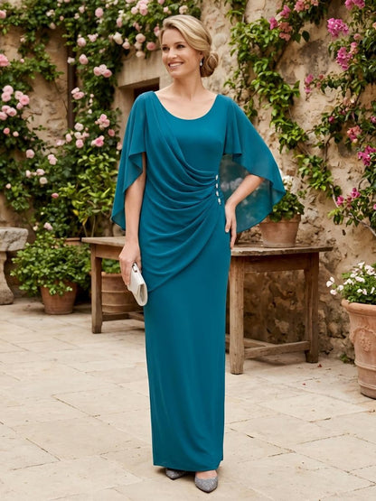 Ruched Sheath Gown with Chiffon Cape Overlay