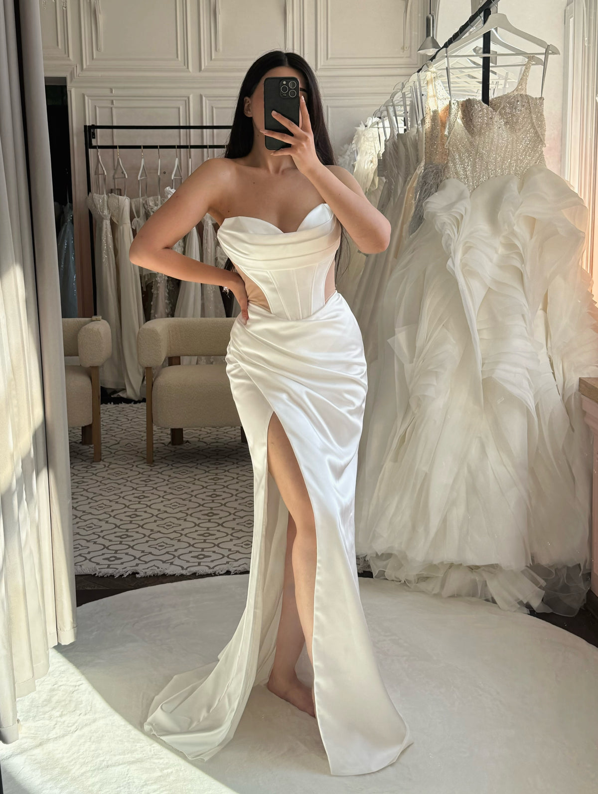 Strapless Corset Satin Wedding Dress with High Slit
