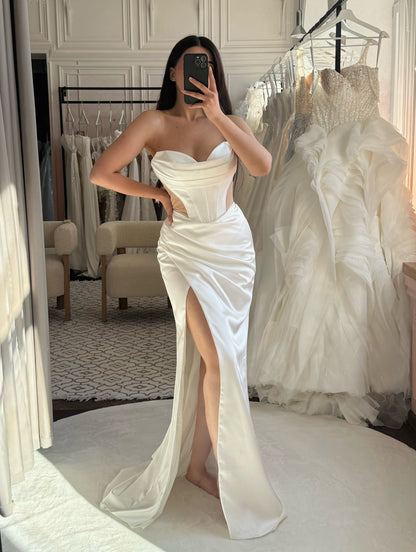 Strapless Corset Satin Wedding Dress with High Slit
