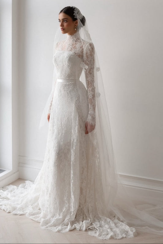 Vintage-Inspired High-Neck Lace Wedding Gown