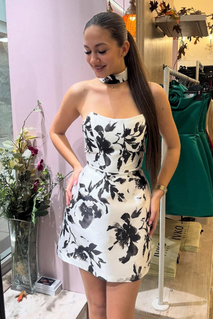 Strapless Floral Print Mini Dress with Sweetheart Neckline