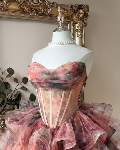 Floral Print Corset Tiered Ruffle Mini Dress