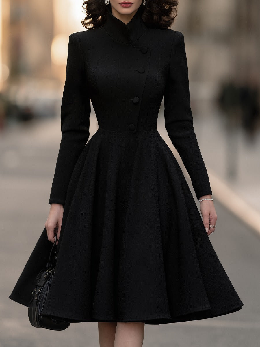 High-Neck Asymmetric Button Midi Coat Dress