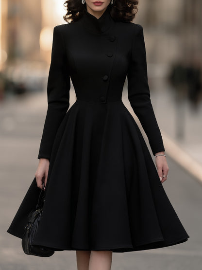 High-Neck Asymmetric Button Midi Coat Dress