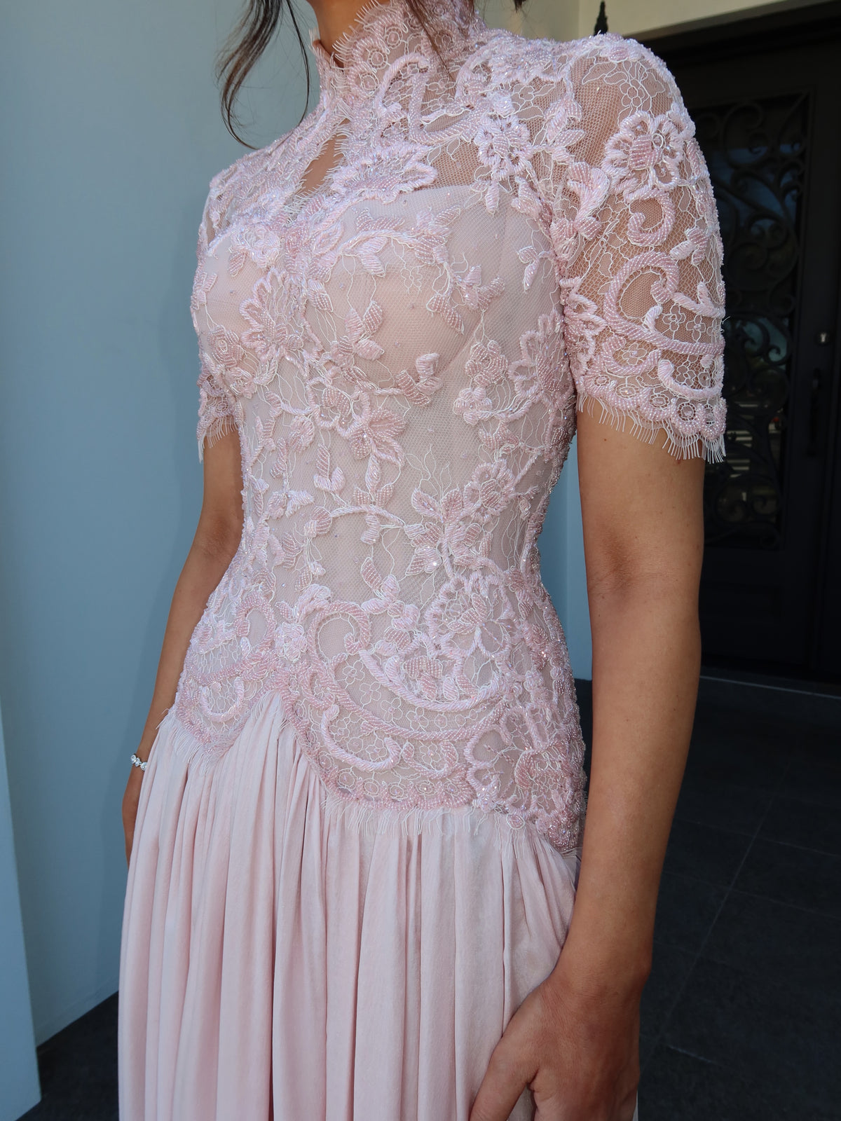 High Neck Lace Bodice Gown with Short Sleeves