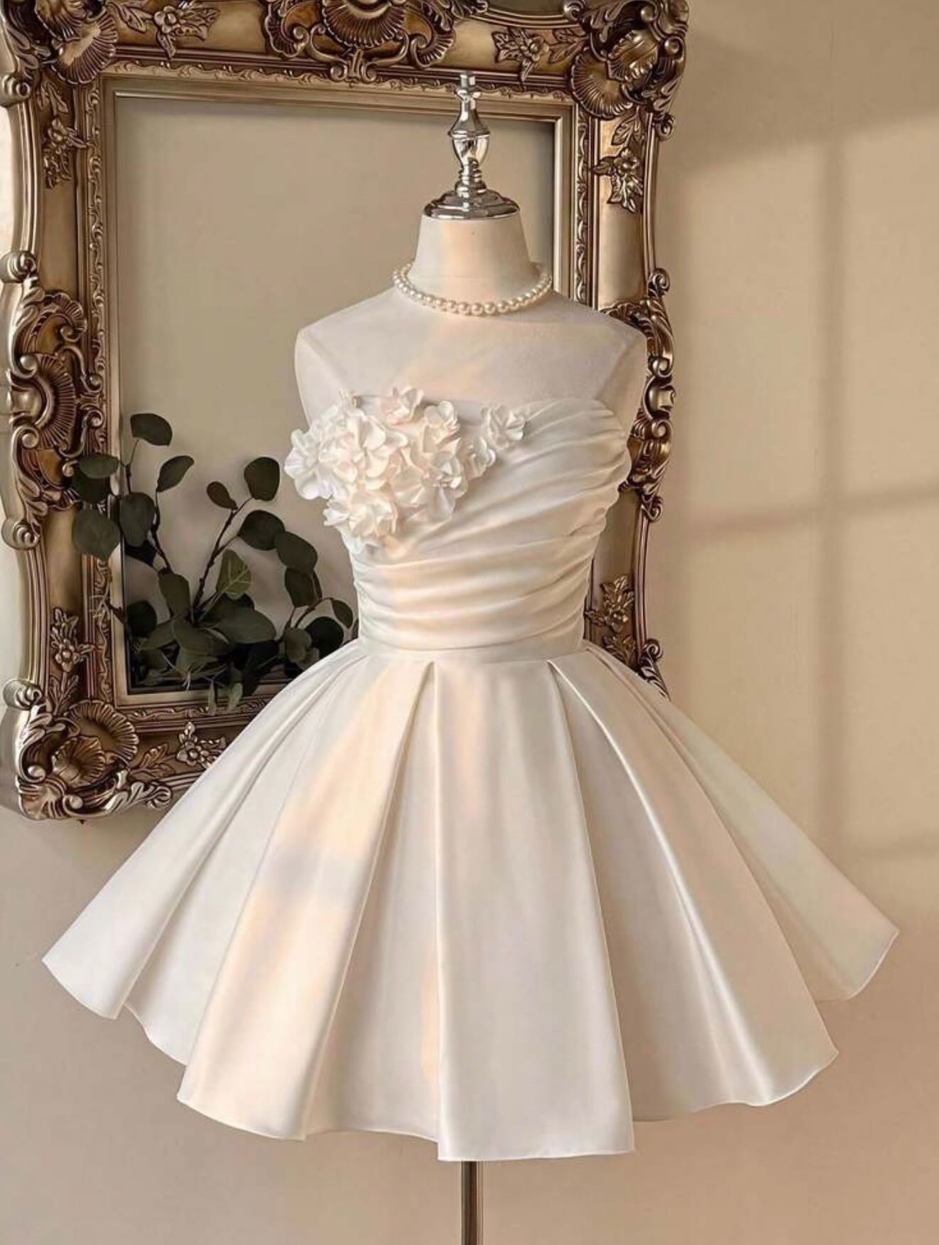 Strapless Satin A-Line Dress with 3D Flowers