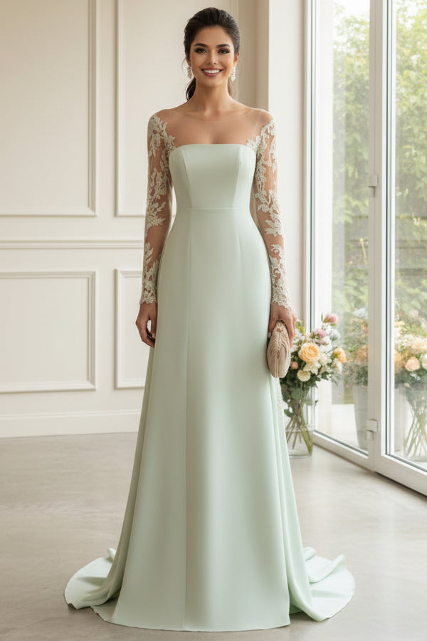 Sage Green A-Line Mother of the Bride Dress with Illusion Lace Applique Long Sleeves