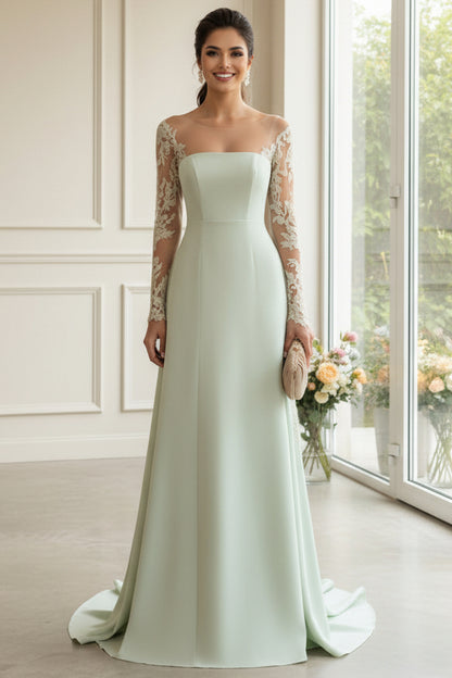 Sage Green A-Line Mother of the Bride Dress with Illusion Lace Applique Long Sleeves