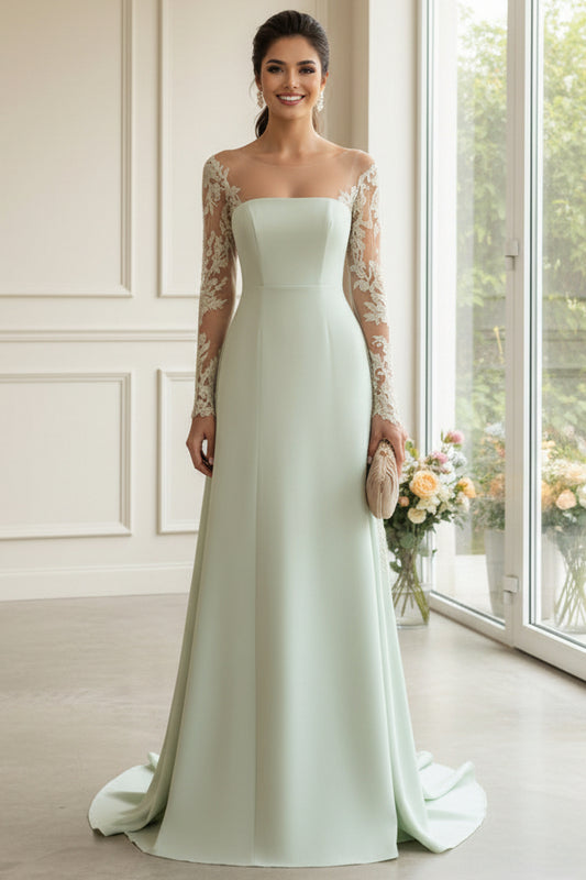 Sage Green A-Line Mother of the Bride Dress with Illusion Lace Applique Long Sleeves