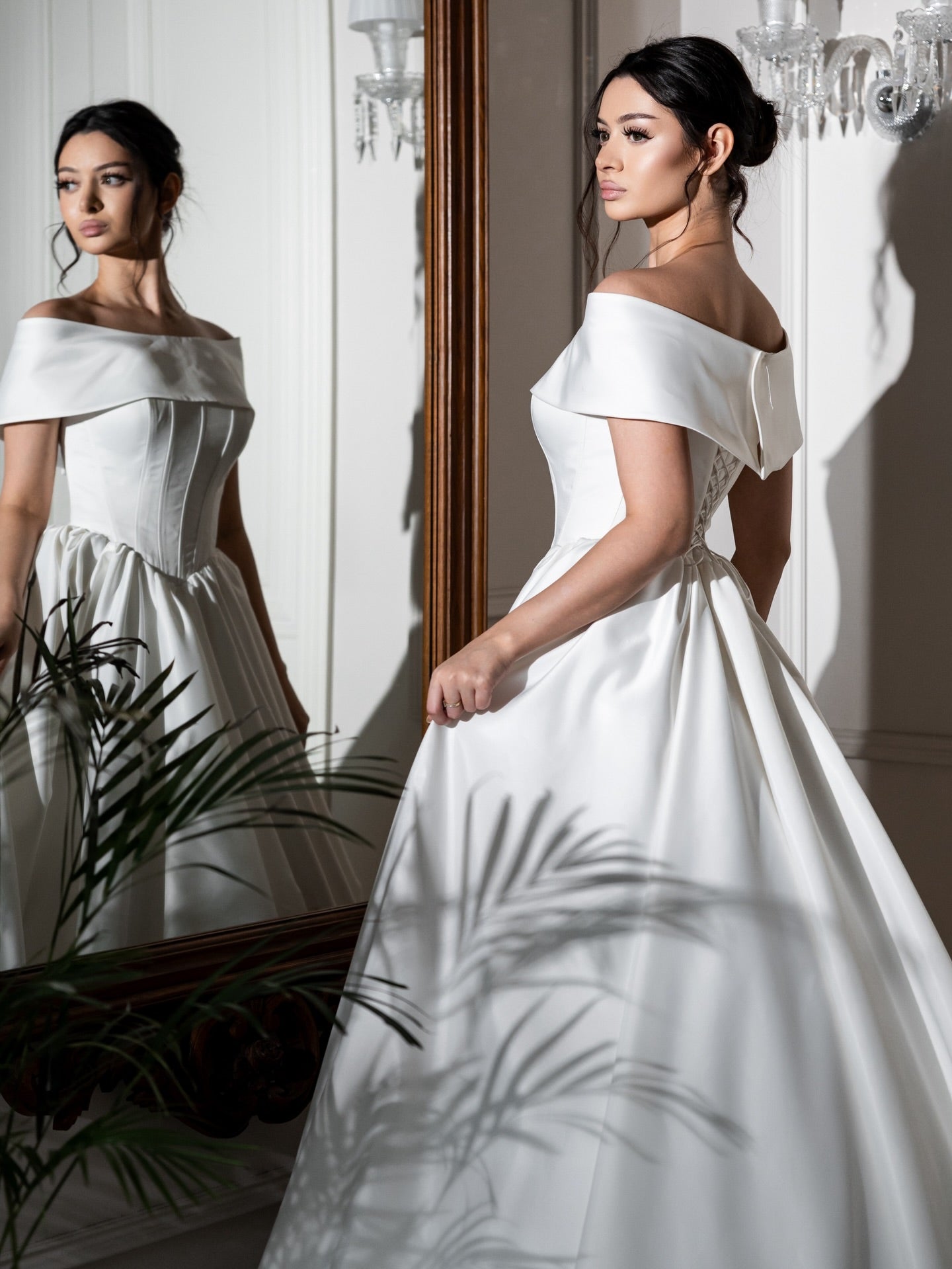Off-the-Shoulder Satin Ball Gown Wedding Dress
