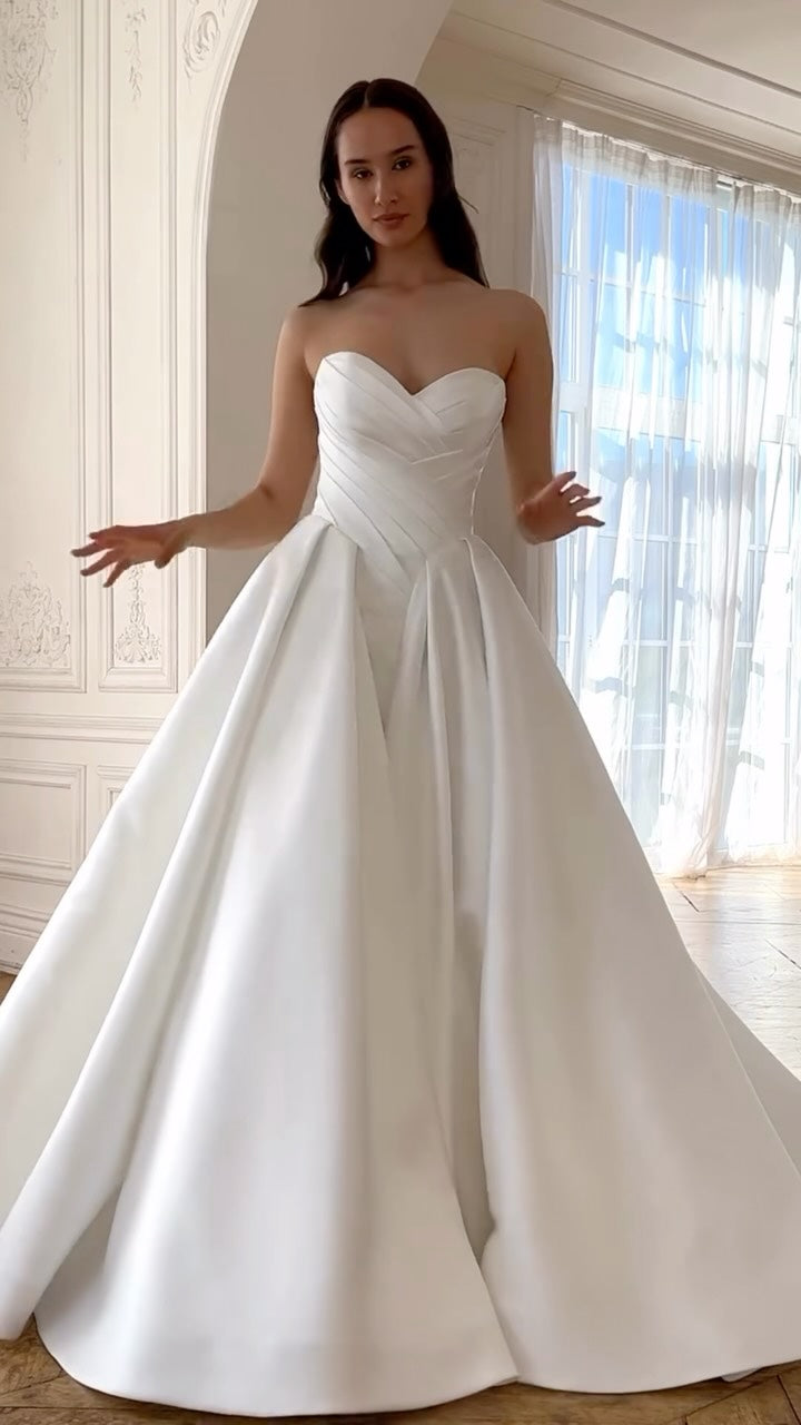Strapless Pleated Bodice Ball Gown Wedding Dress