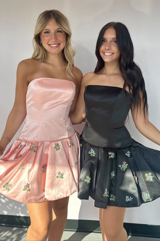 Strapless Satin Bubble Dress with Crystal Florals