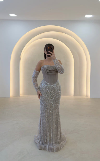 Beaded Corset Mermaid Gown with Detached Sleeves