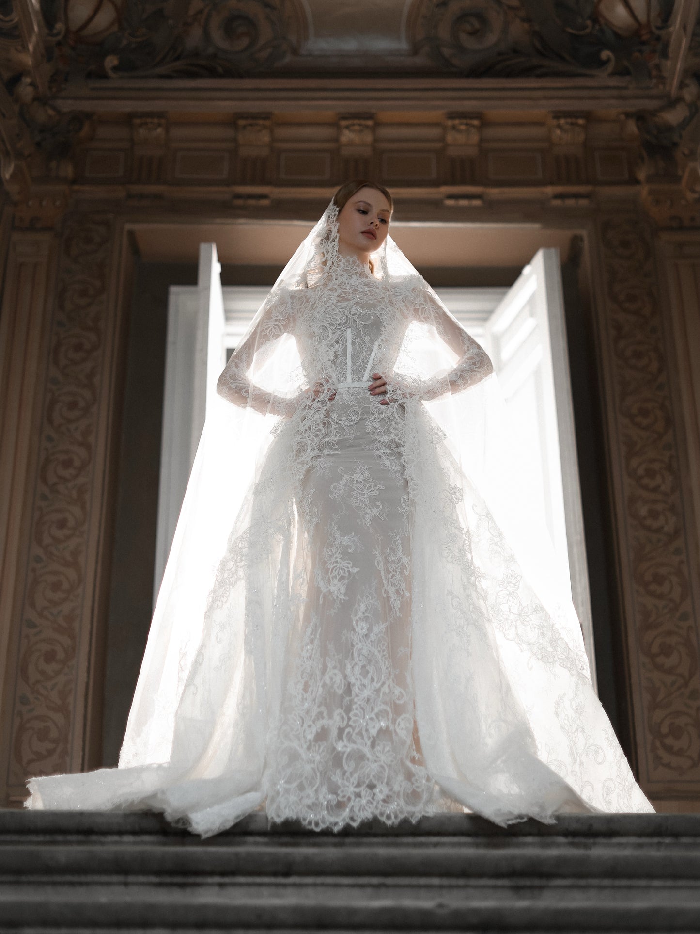 High Neck Lace Wedding Dress with Overskirt