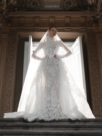 High Neck Lace Wedding Dress with Overskirt