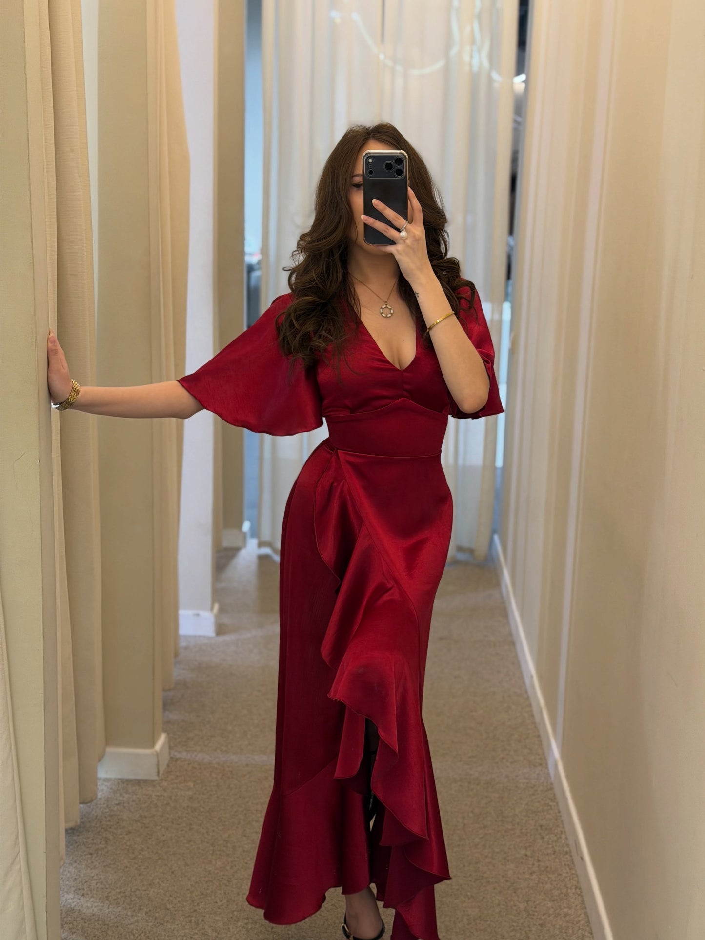 Flutter Sleeve V-Neck Satin High-Low Dress