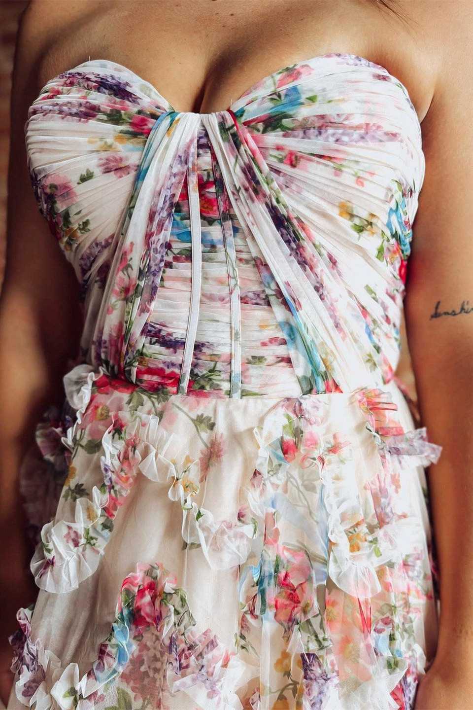Floral Applique Strapless Ruffled Mini Dress