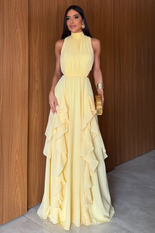 Halter Ruffle Open-Back Chiffon Gown