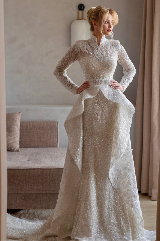 Beaded High-Neck Mermaid Gown with Cascading Train