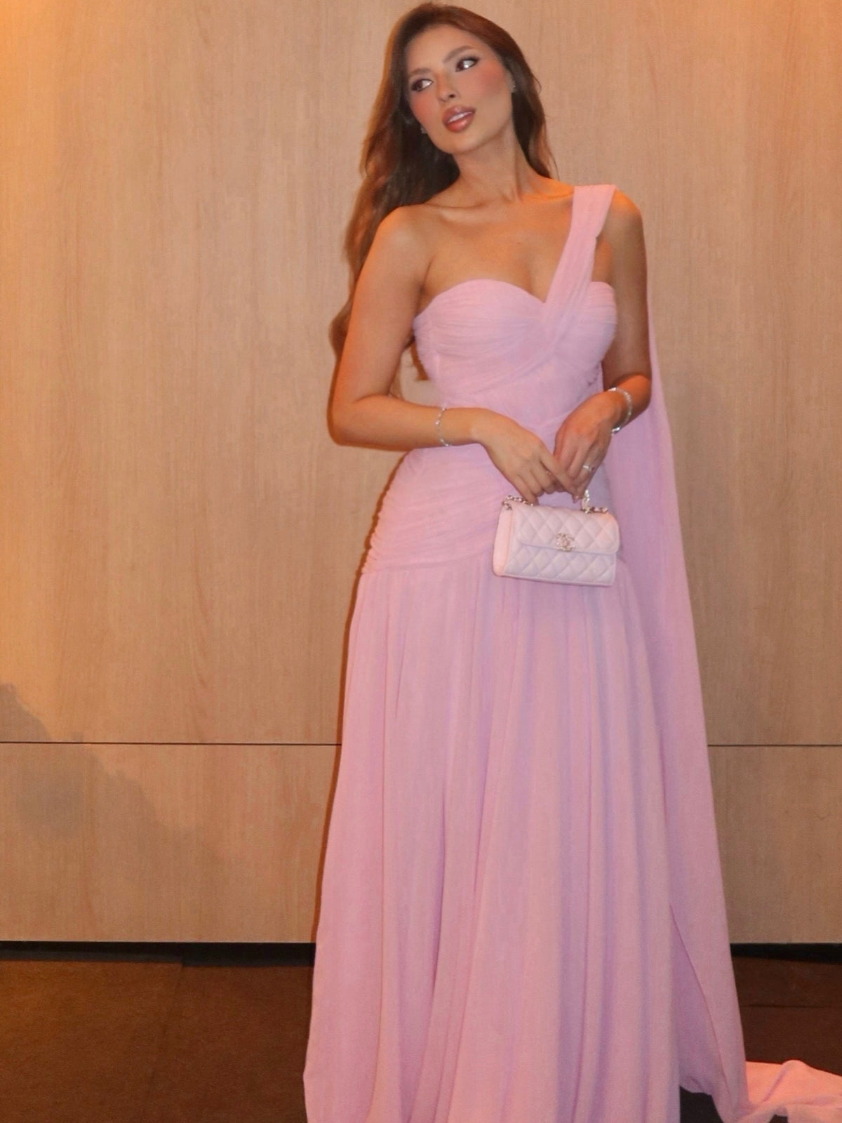 One-Shoulder Ruched Gown with Shoulder Drape