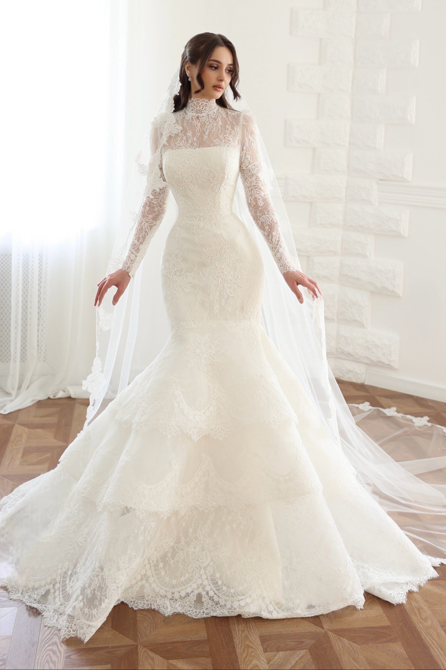 Lace High Neck Mermaid Wedding Dress with Sleeves