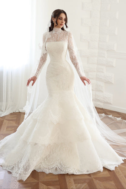 Lace High Neck Mermaid Wedding Dress with Sleeves