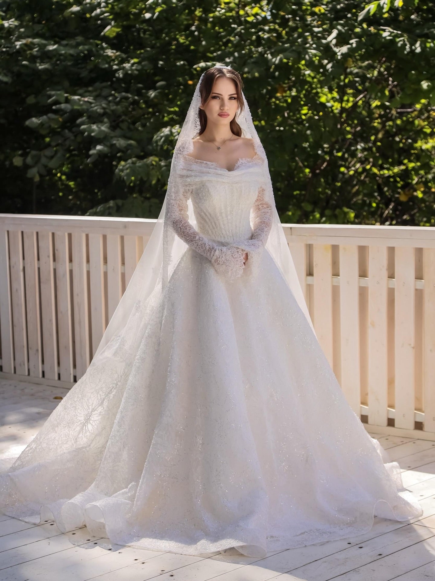 Off-the-Shoulder Long Sleeve Lace Ball Gown
