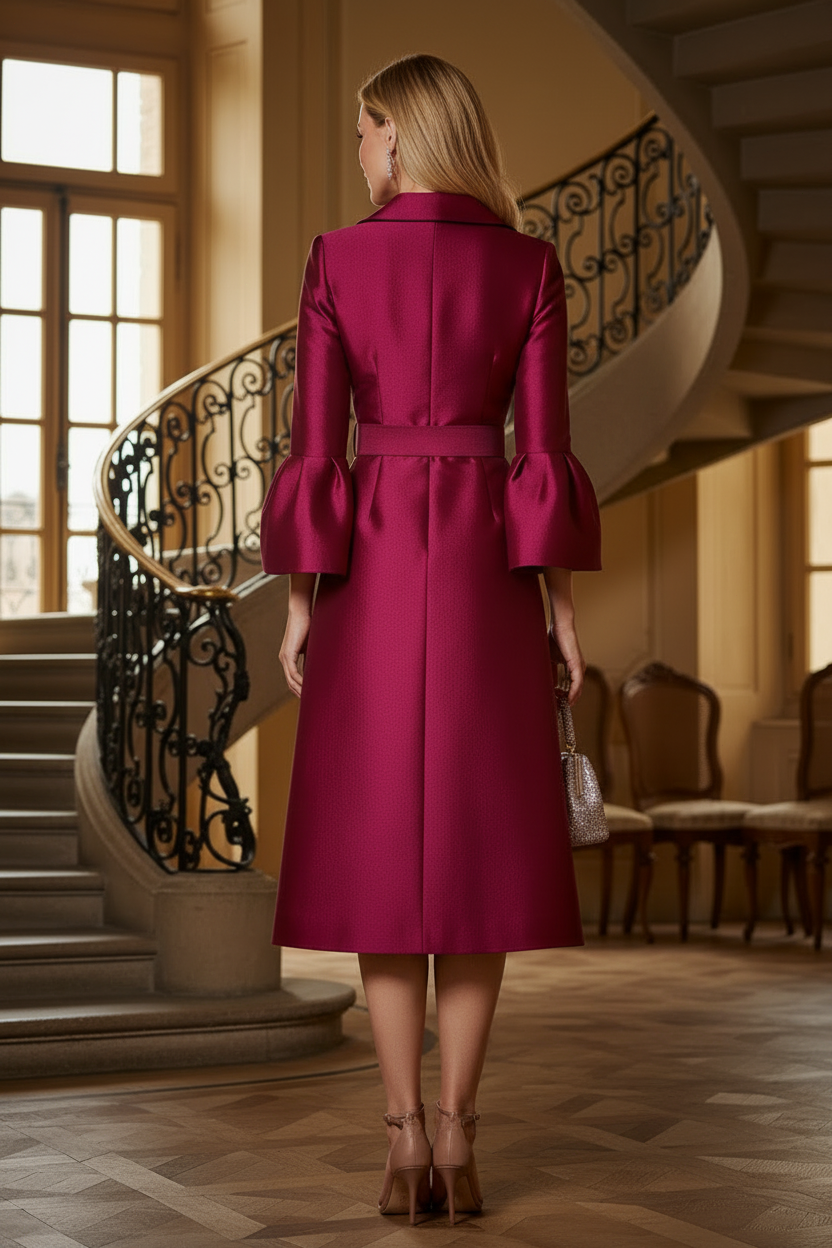 Embroidered A-Line Midi Dress with Bell Sleeves