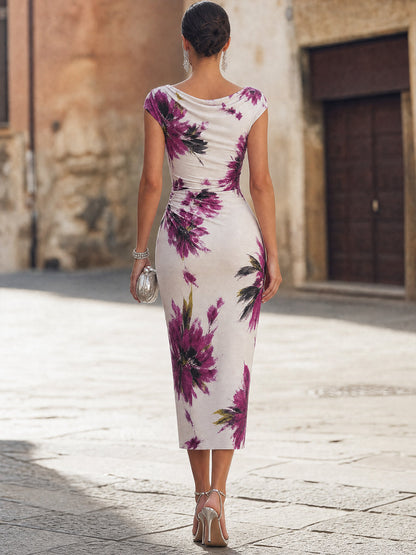 Floral Print Ruched Midi Dress with Cowl Neck