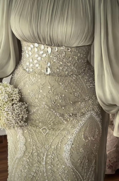 Modest Long Sleeve Beaded Mermaid Evening Gown