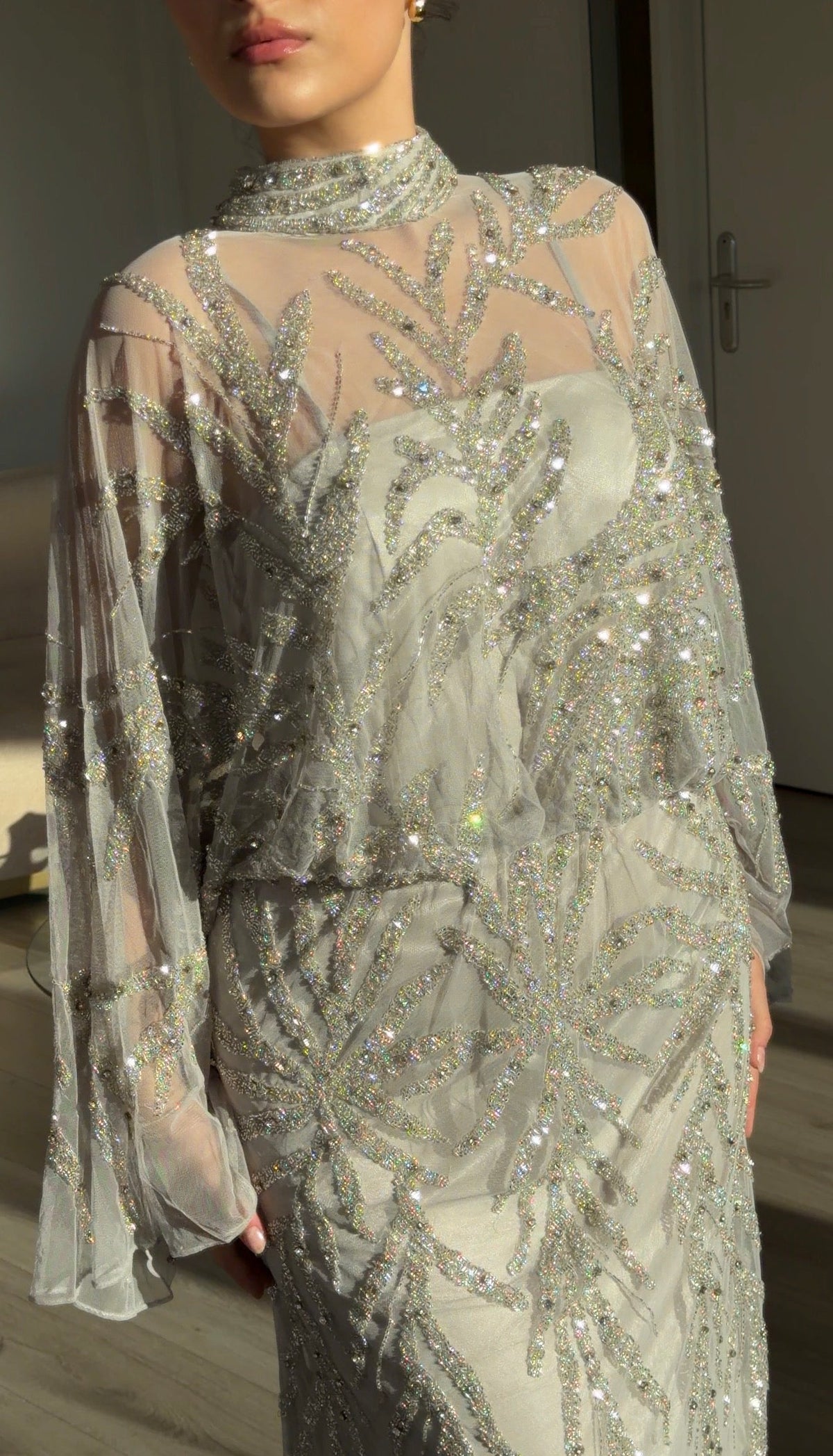 Sequined Cape Sleeve High Neck Maxi Evening Gown