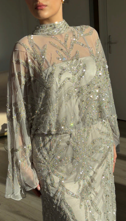 Sequined Cape Sleeve High Neck Maxi Evening Gown
