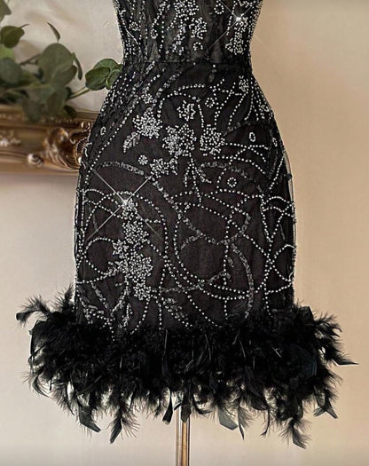 Beaded Strapless Corset Mini Dress with Feather Hem