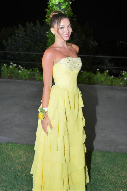 Strapless Tiered Corset Gown with Beaded Trim