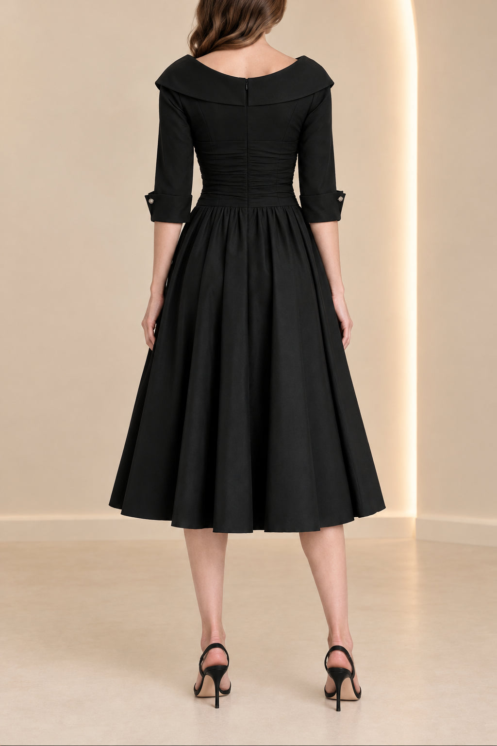Collared Midi A-Line Dress with 3/4 Sleeves
