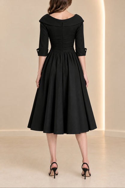 Collared Midi A-Line Dress with 3/4 Sleeves
