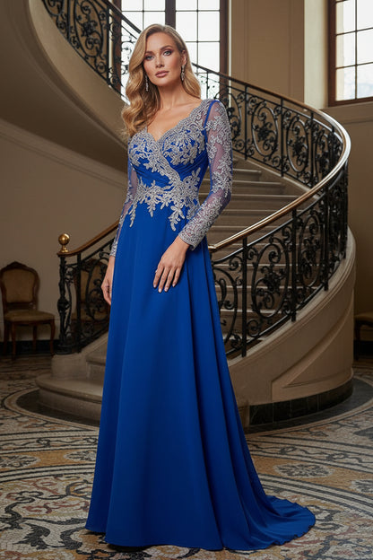 Embroidered Long Sleeve A-Line Evening Gown