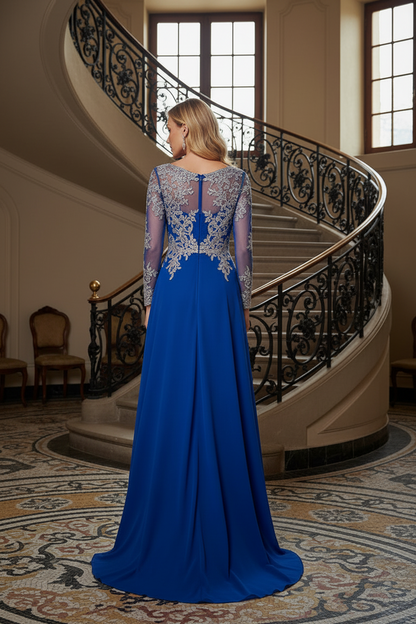 Embroidered Long Sleeve A-Line Evening Gown