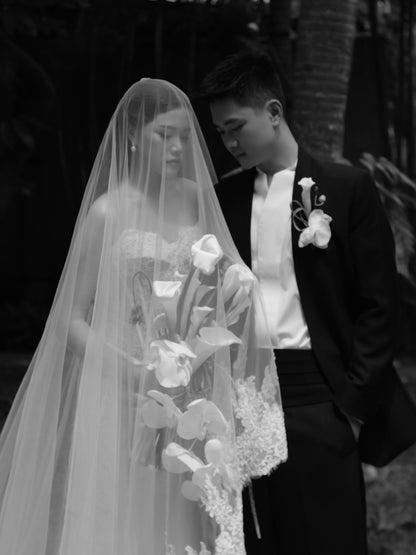 Strapless Lace Applique Wedding Gown with Cathedral Veil