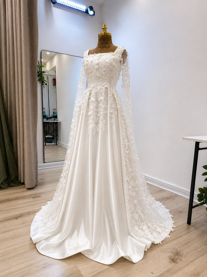 Square Neck A-Line Satin Wedding Dress with Cape Sleeves