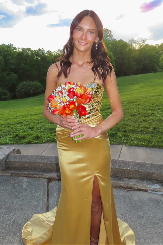 Strapless Mirror Bodice Mermaid Gown with Slit