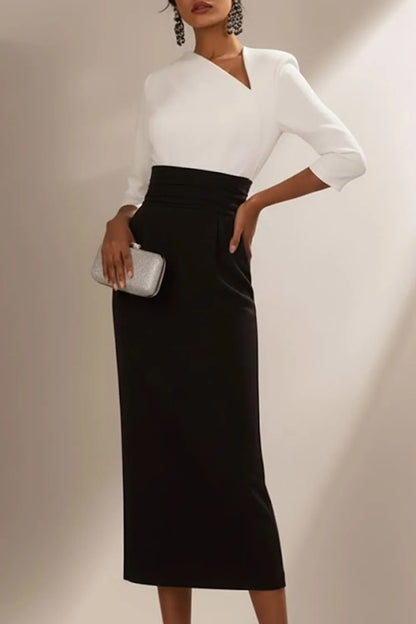 Asymmetric Neck Midi Sheath Dress with 3/4 Sleeves