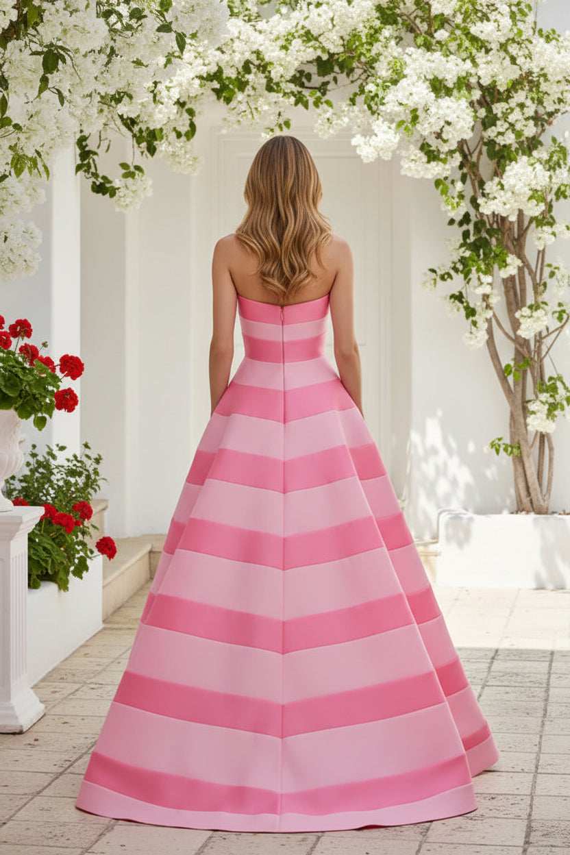 Strapless Striped A-Line Evening Gown