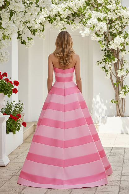 Strapless Striped A-Line Evening Gown