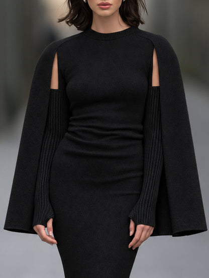 Cape Knit Midi Dress with Cutout Sleeves