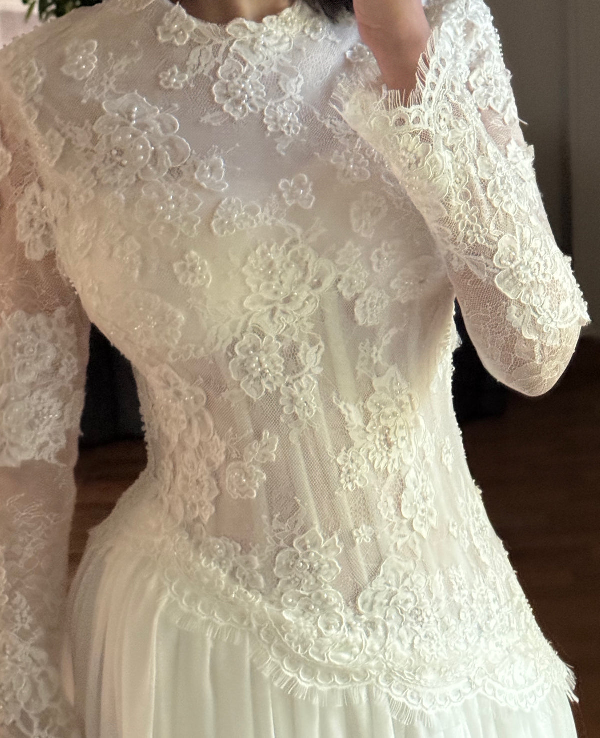 High Neck Lace Long Sleeve Asymmetrical Wedding Dress